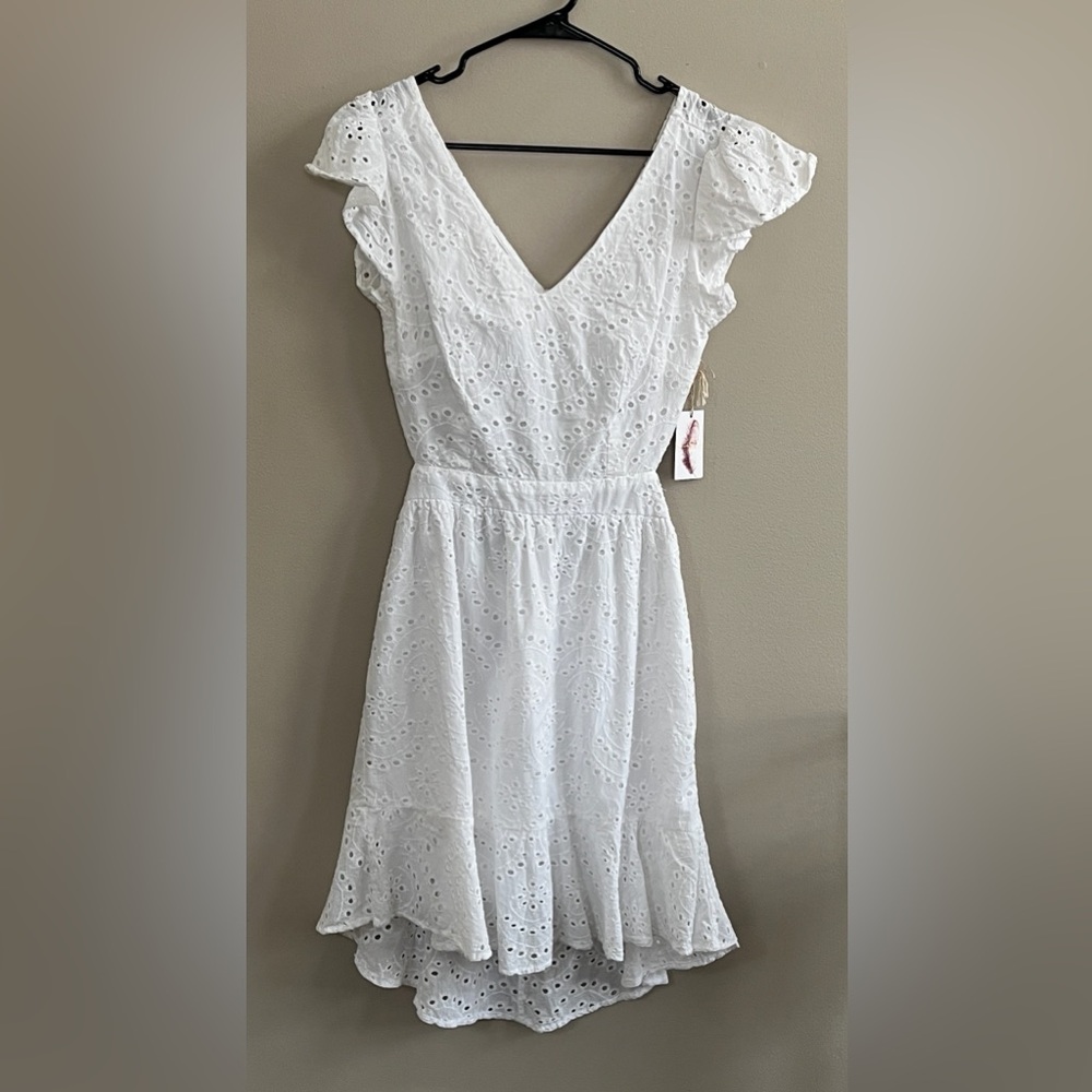 White Eyelet V-Neck Ruffle Sleeve Dress